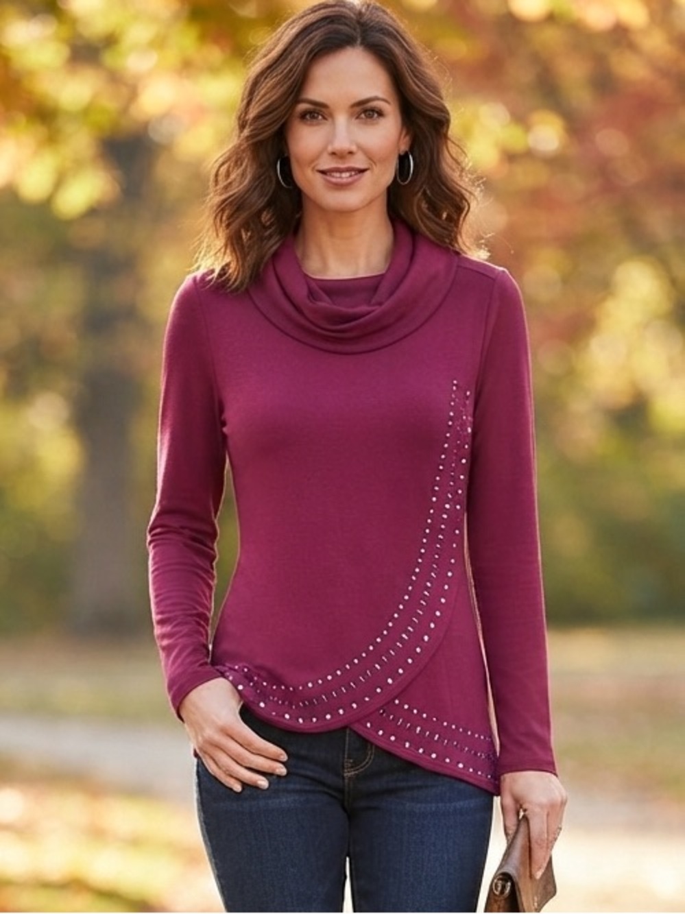 Women's Cowl Neck Long-Sleeve Sweater Tunic in Berry